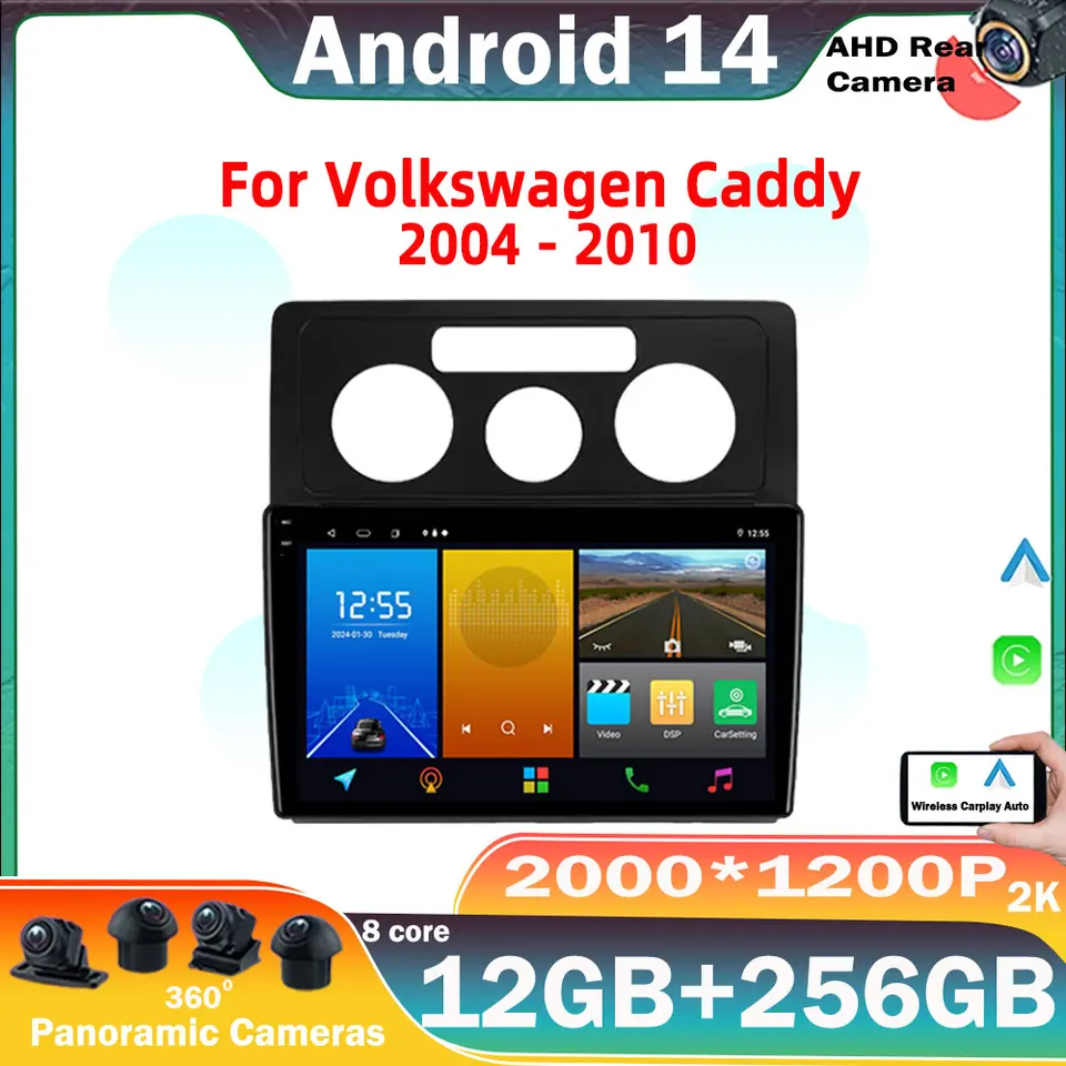 Android 14 pre Volkswagen Caddy 2004-2010 Car Radio Multimedia Player Stereo DSP CarPlay Navigation GPS 4G WiFi Bt č. 2 DVD DVD