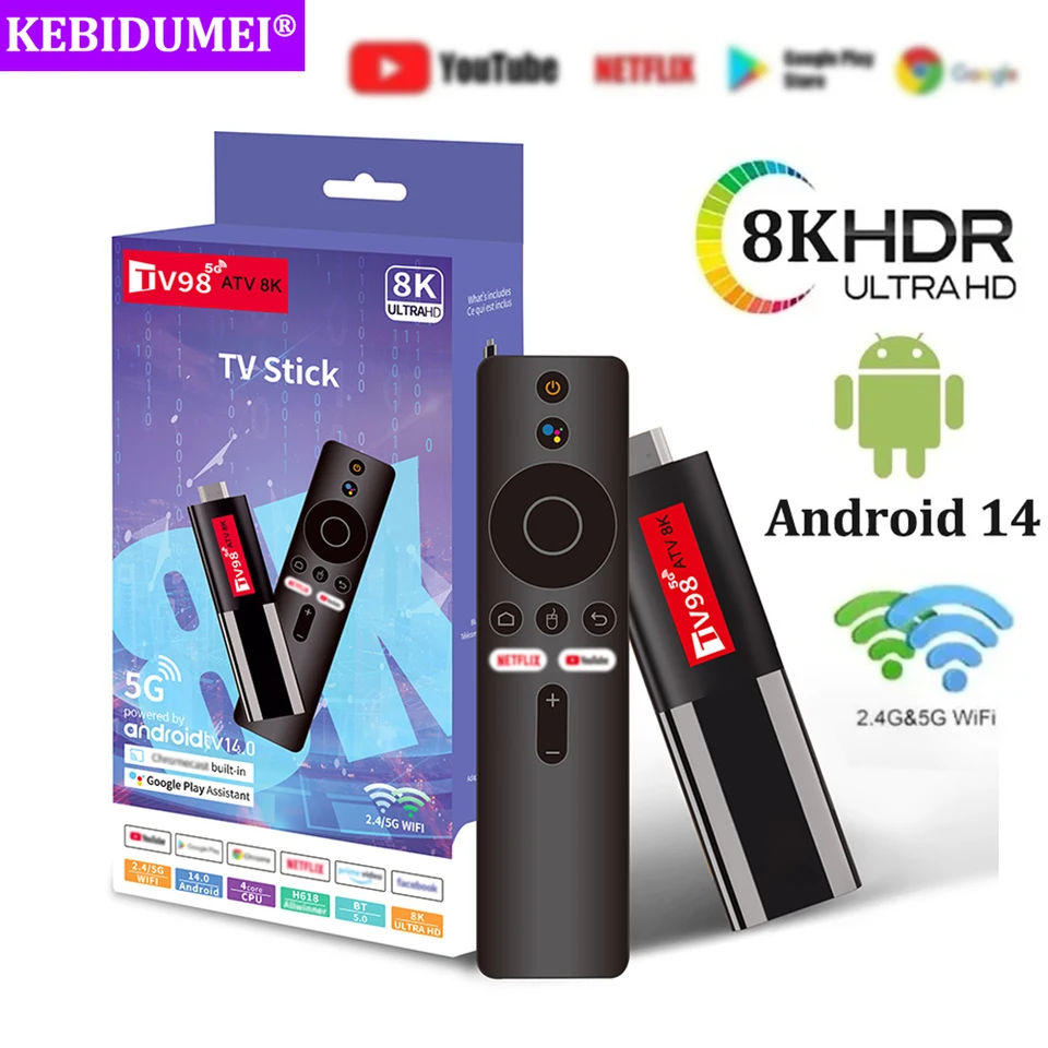 Android 14 TV Stick TV98 ATV Mini TV Box Support 8k 4K Video BT5.0 2,4G 5G Dual WiFi 6 Voice Remote Quad Core A53 Smart TV Stick