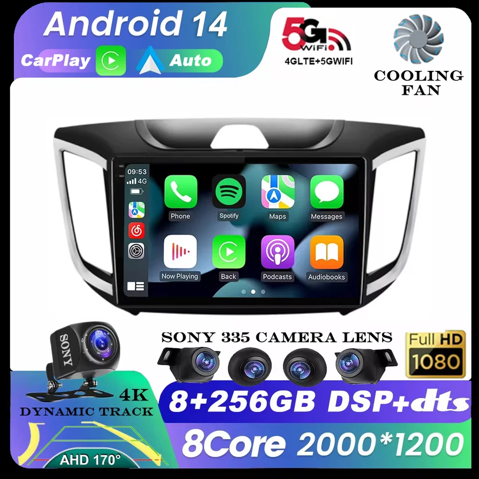 Android 14 WiFi+4G BT Car Radio pre Hyundai Creta IX25 2015-2019 Multimediálny hráč 2 DIN CarPlay Stereo Navigation GPS Hlavná jednotka