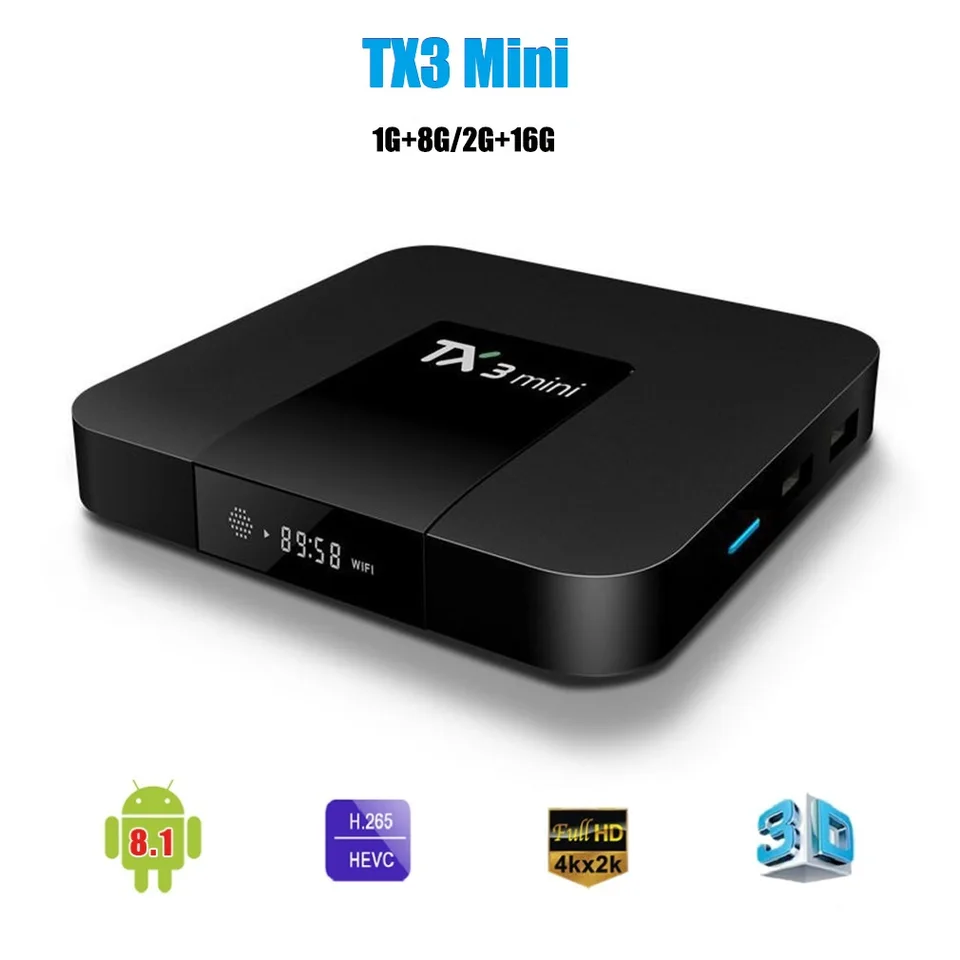 Android 8.1 Tx3 Mini Smart TV Box Amlogic RK3228A Quad-Core 2GB 16GB 2,4G WiFi 1080p 4K pre Google Set Top Digital Media Player Player