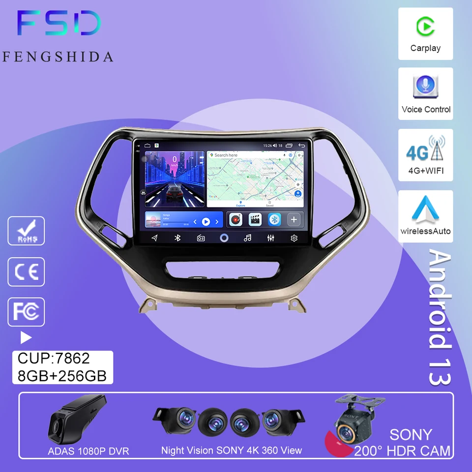 Android Auto Autoradio Wireless CarPlay pre Jeep Cherokee 5 KL 2014 - 2018 multimediálny hráč stereofónna jednotka GPS navigácia DSP DSP