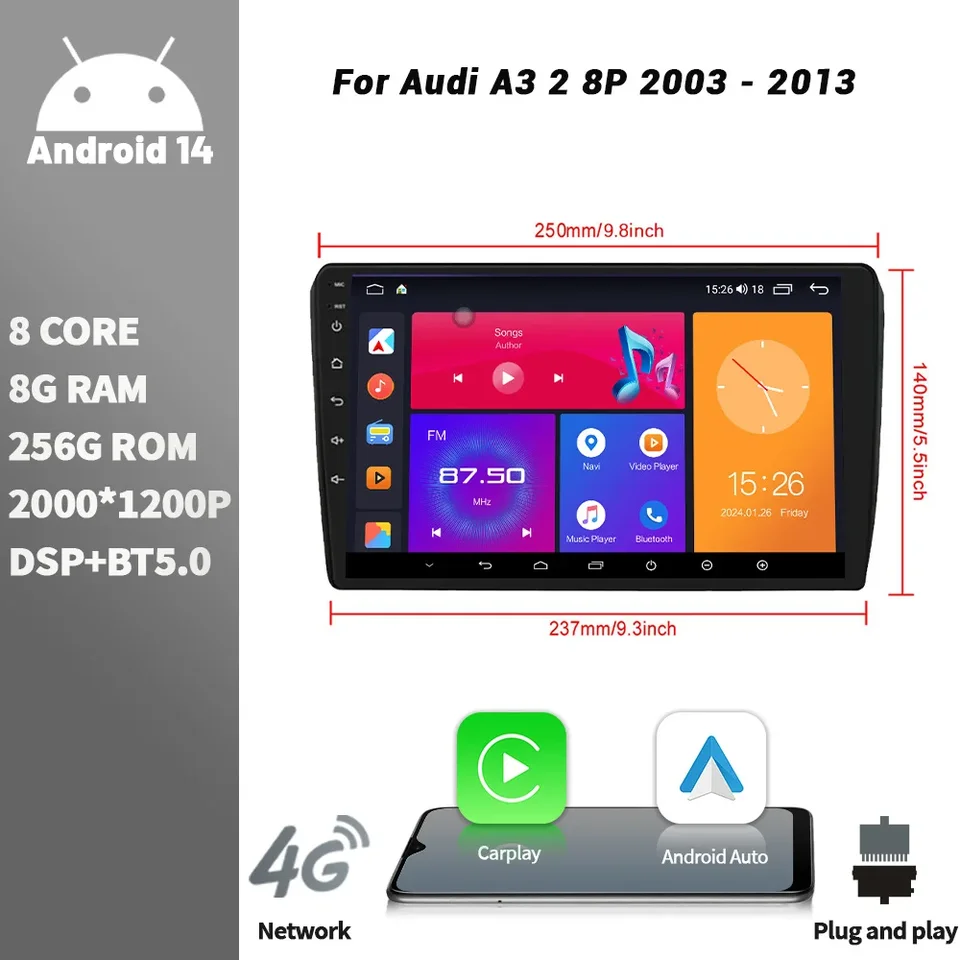 Android Bluetooth Wireless CarPlay pre Audi A3 2 8p 2003 - 2013 dotyková obrazovka Stereo Car Radio Multimedia Player Navigation