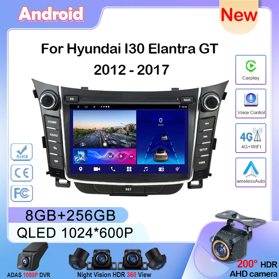 Android Car Stereo Unit Multimedia pre Hyundai i30 Elantra GT 2012 - 2017 Radio Video Player GPS bezdrôtový CarPlay Android Auto