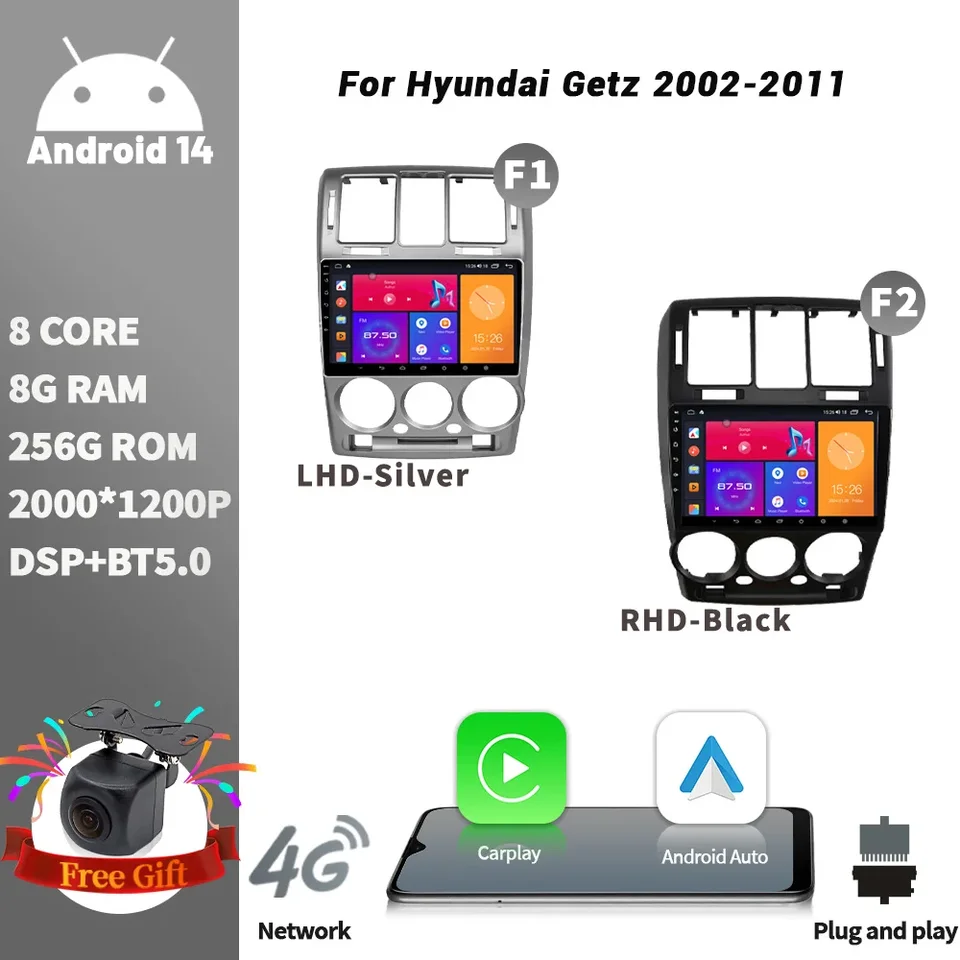 Android Wireless CarPlay Touch Screen Stereo Bluetooth pre Hyundai Getz 2002-2011 Automobilové rádio Multimediálne navigačné GPS WiFi 2DIN
