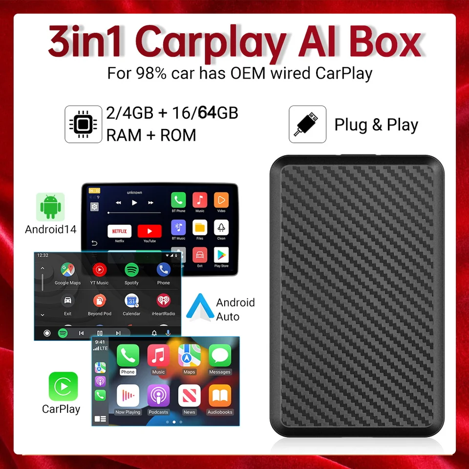 Android14 CarPlay Mini Box Wired to Wireless Android Car Mini Dongle WiFi Support Waze WhatsApp Netflix YouTube Plug & Play Box