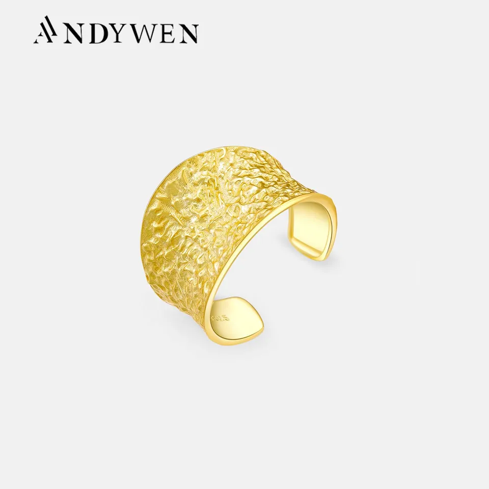Andywen 100% 925 Sterling Silver Gold Nepravidelné zvlnenie Resizovateľný prsteň nastaviteľný luxusný vintage jemný 2024 Darček šperkov pre ženy