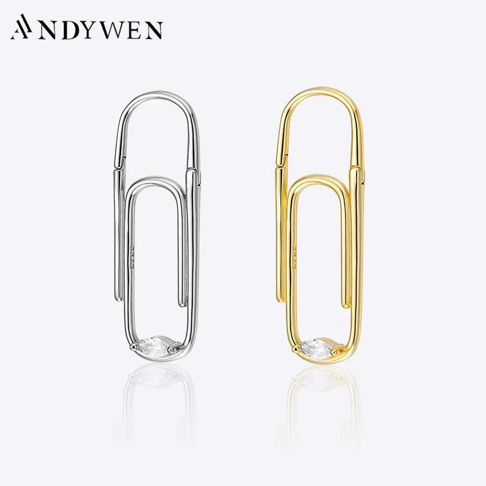 Andywen 100% 925 Sterling Silver Gold Pin vlákno obruč Rock Punk Huggies Single 2023 Svadobné šperky darček Plain náušnice