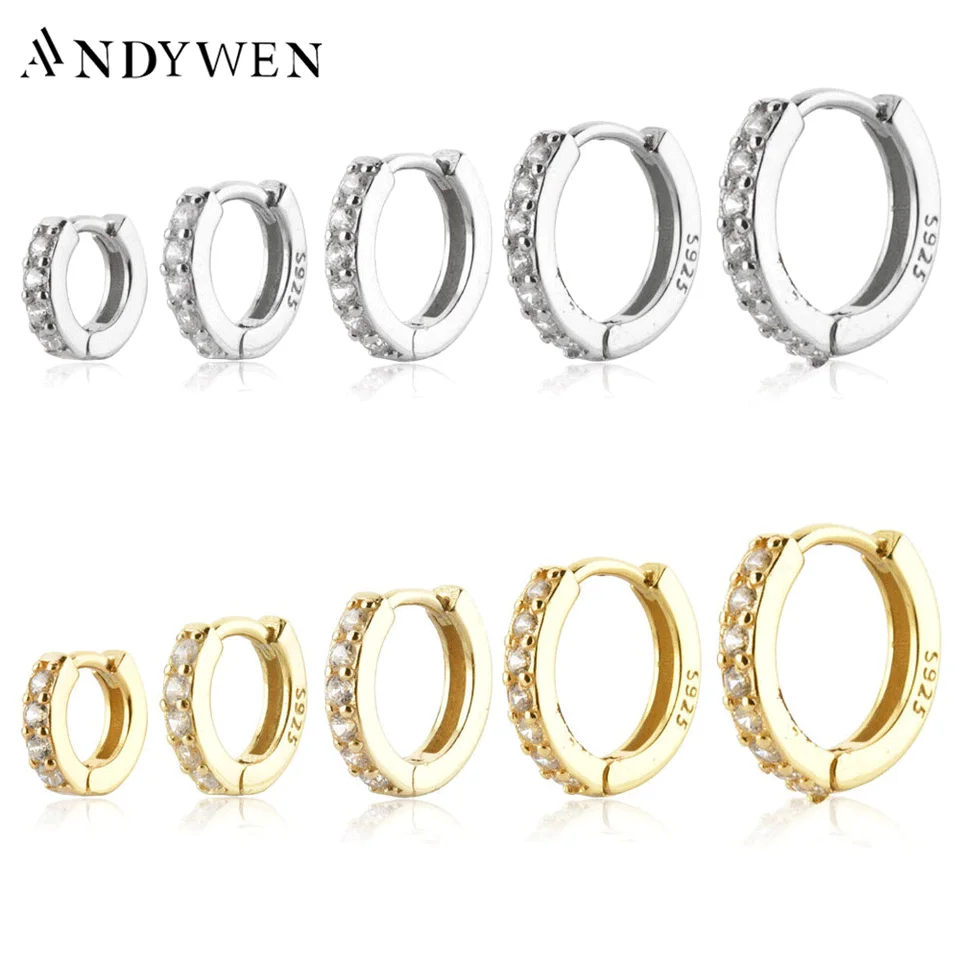 Andywen 925 Sterling Silver Gold Clear 5 mm 6 mm 7 mm 9 mm Huggies Circle Piercing Hoops náušnice Ženy Luxusné šperky darček