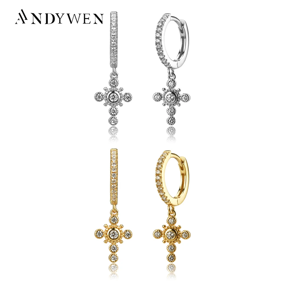 Andywen 925 Sterling Silver Gold Crystal zirkón Cz Circle Drop Iuck Cross Pierting Piercing No Clips Ženy Luxusné šperky
