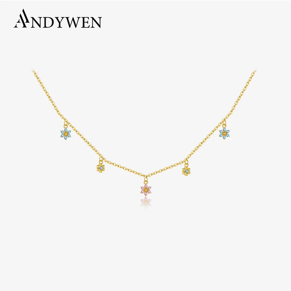 Andywen 925 Sterling Silver Gold Flower Cz Les výplne Gold Choker náhrdelník 2021 Dlhé reťaze deti DETY KRYPAL