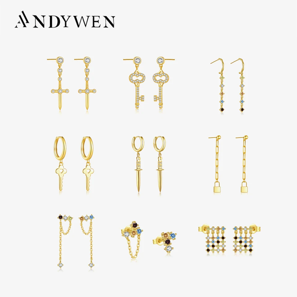 Andywen 925 Sterling Silver Gold Hoop Circle náušnice Piercing Pendiente šperky náušnice pre ženy Crystal Key Chain jemné šperky