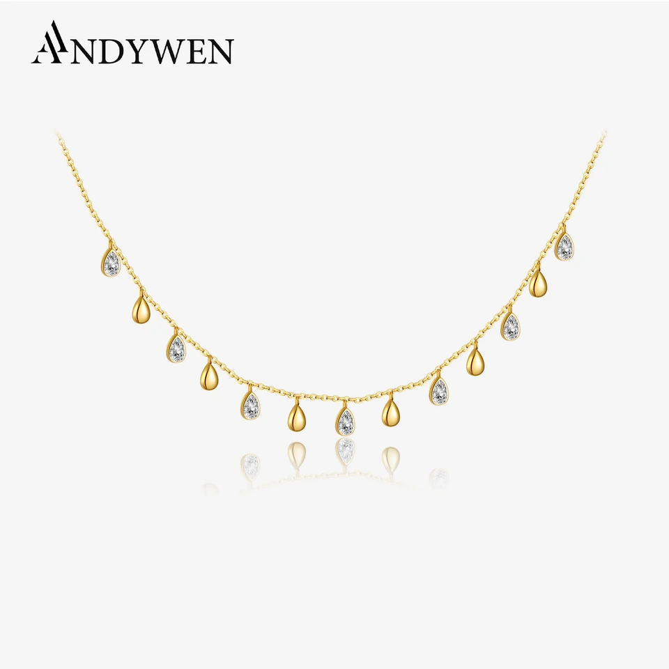 Andywen 925 Sterling Silver Gold Ovals Zircon Charm Choker 40 cm náhrdelník s dlhým reťazcom 2021