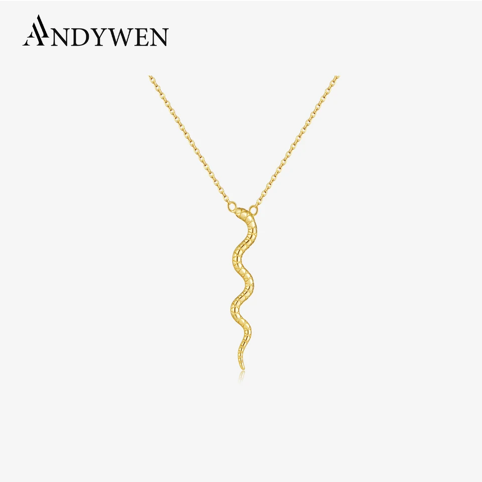 Andywen 925 Sterling Silver Gold Snake Pendant Women Luxury Long Chain Animal Špeciálne skalné punkové šperky Európske vyhlásenie