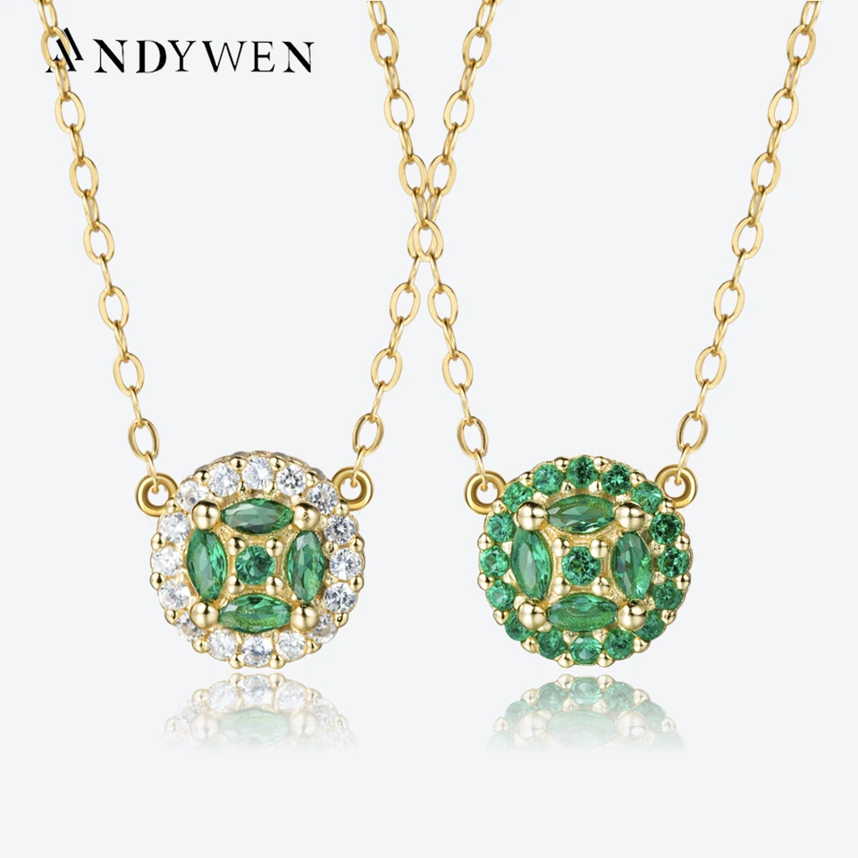 Andywen Nový 925 Sterling Silver Gold Gold Green Pendant Long Chain Women Luxury Cz Zirkón šperky 2022 Zimné jarné šperky