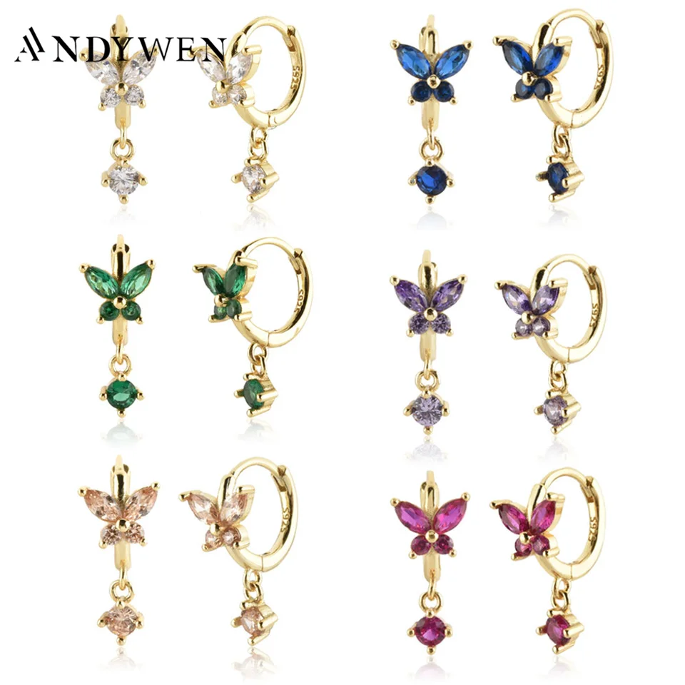 Andywen Sterling Silver Gold Butterfly prívesky 12 farieb cz obruče piercing kvapky náušnice 2022 Ženy svadobné jemné šperky
