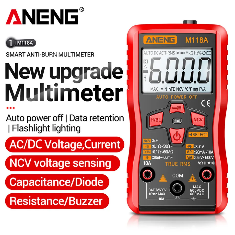ANENG M118A Digital Mini Multimeter Tester 6000Counts Auto Mmultimetro True RMS Tranistor Meter s dátami NCV držať baterku
