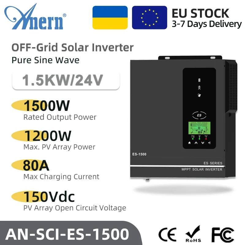 ANERN 1500W 1000W Hybridný solárny invertor 12V 220V Čistá sínusová vlna z mriežkového meniča MPPT 80A Solar Charge Controller Max PV 150VDC
