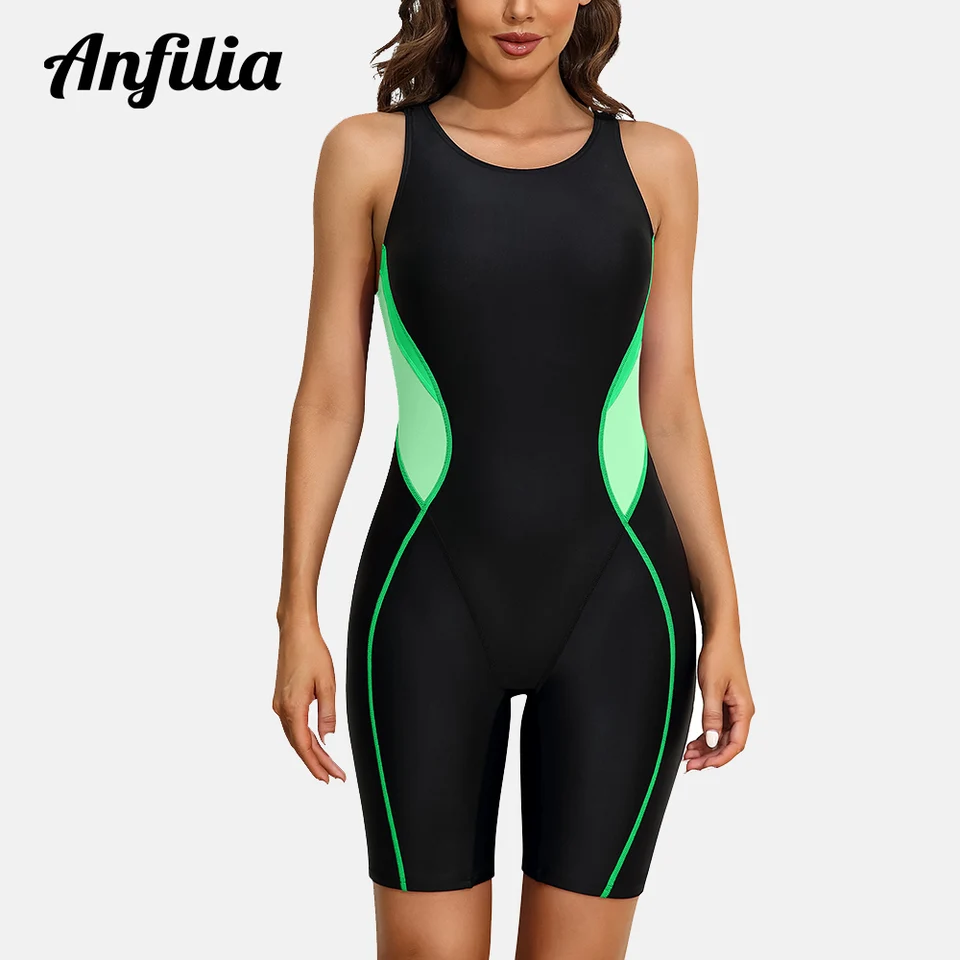 Anfilia ženy jednodielne športové plavky farebné bloky Racerback Professional Training Boyleg U Neck Swimwear