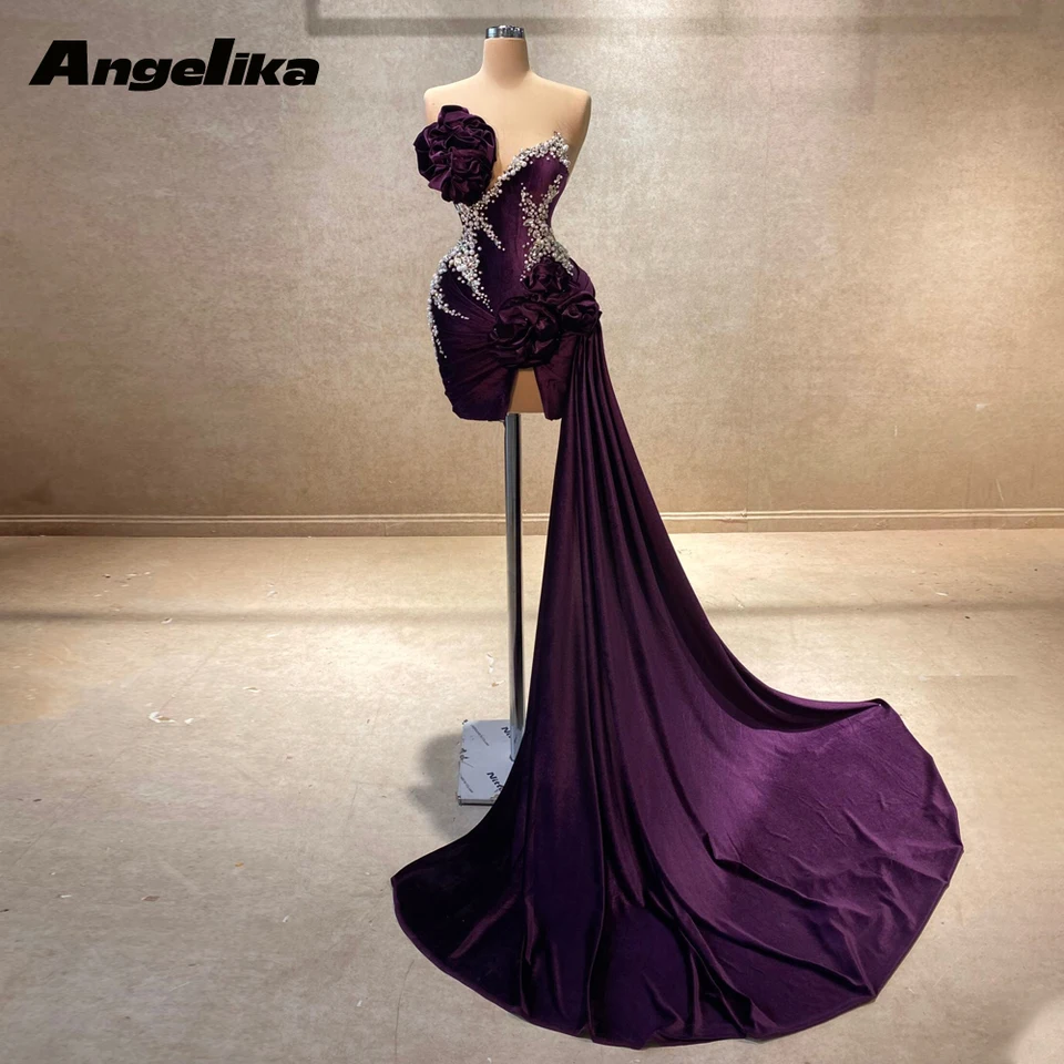 Angelika Elegantné šaty bez ramienok pre domácnosti pre ženy kamienky Pleat Pearls Sweep Sweet Train Robes de Soiree Prispôsobené