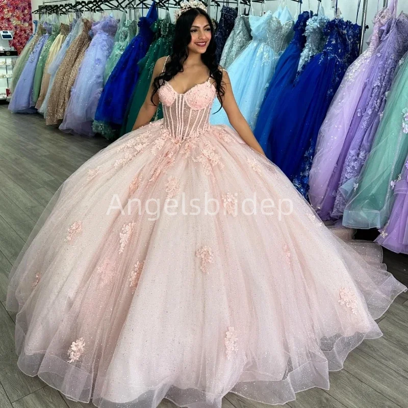 Angelsbride Vestidos de 15 Años Light Pink Ball Lown Quinceanera Šaty s lukom