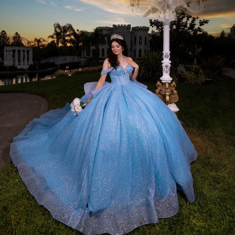 Angelsbridep Blingbling Sky Blue Ball Gown 15 -ročný Quinceanera Šaty princezná prispôsobená párty obliekania Vestidos de fiesta