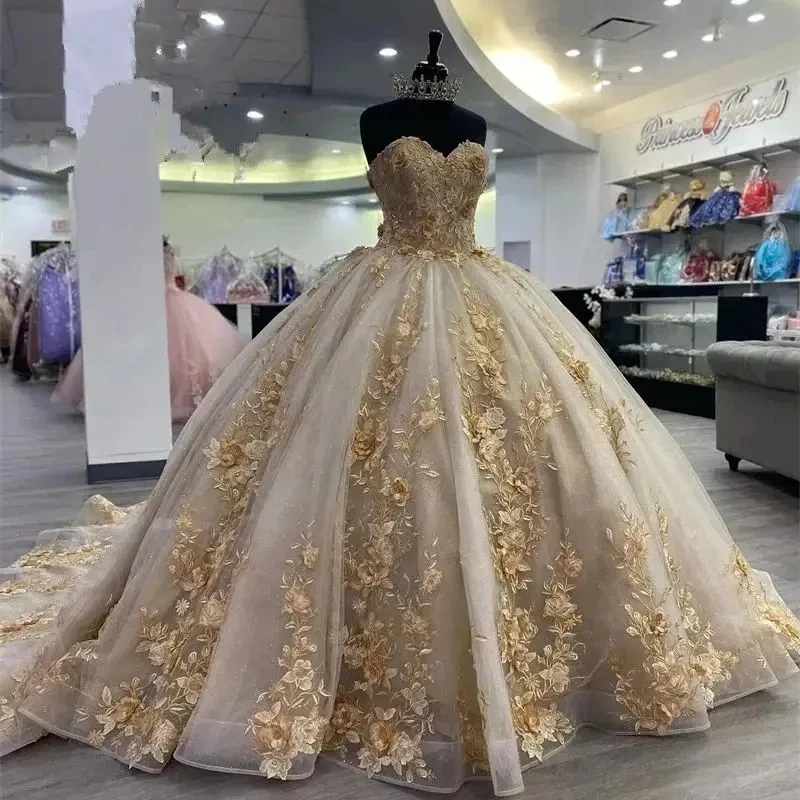 Angelsbridep Champagne Princezná Quinceanera Šaty pre dievčatá Vestidos de 15 Anos Beading Appliques Prom Birthday Party Šaty
