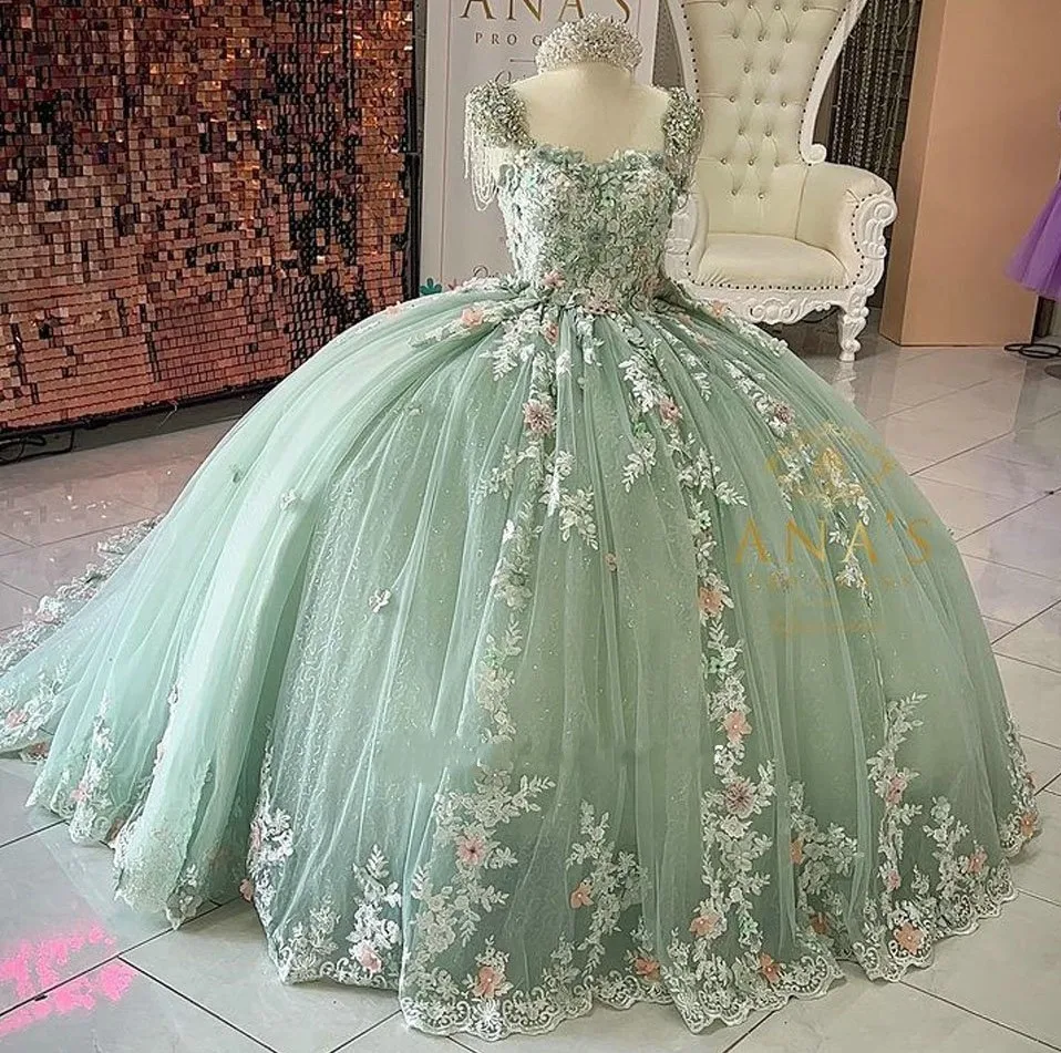 Angelsbridep Glitleing Green Quinceanera šaty kryštály 3D kvetinové aplikácie Robes de Soirée Vestidos de 15 Anos formálne narodeniny