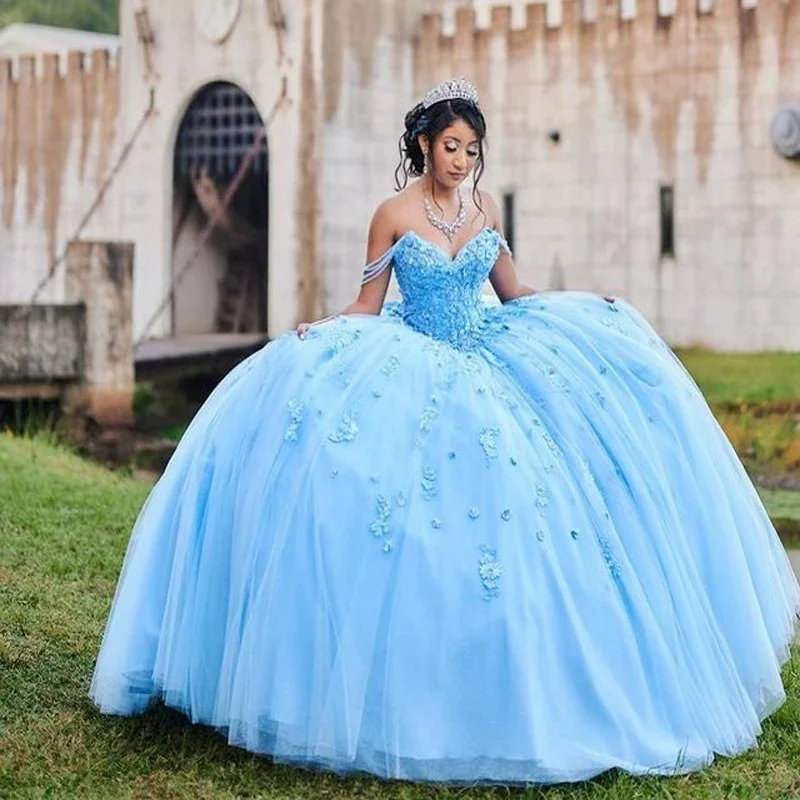Angelsbridep Light Sky Blue Off-Ramer Quinceanera Šaty Applique Lace Lace Getle Princess Gowns Vestidos de 15 Años prispôsobený