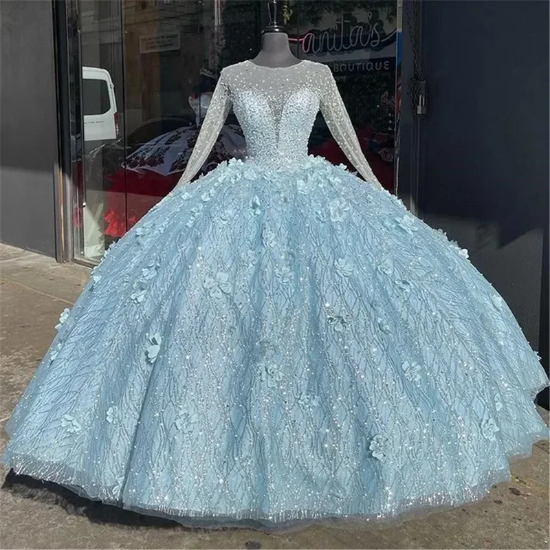 Angelsbridep luxusné kryštály korálkové dlhé rukávy quinceanera šaty 3D kvetinové aplikácie Flitre 15 yeals Old Party Prispôsobené