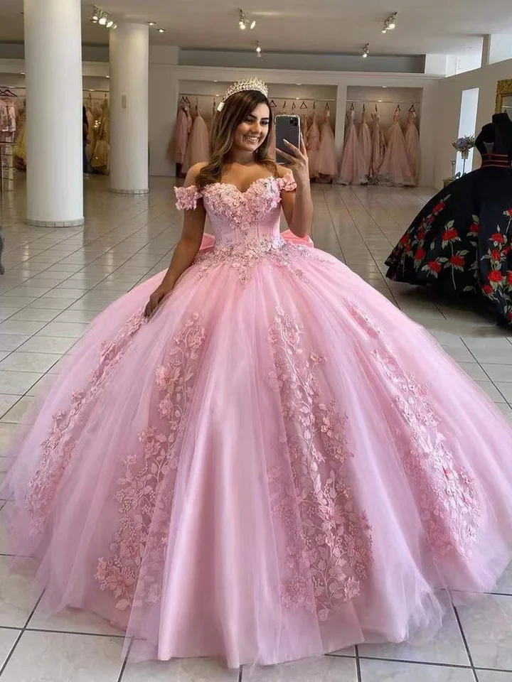 Angelsbridep Pink Ball Gown Gown Princess Girl Sweet 15 Quinceanera Šaty v krku ručne vyrábané kvety