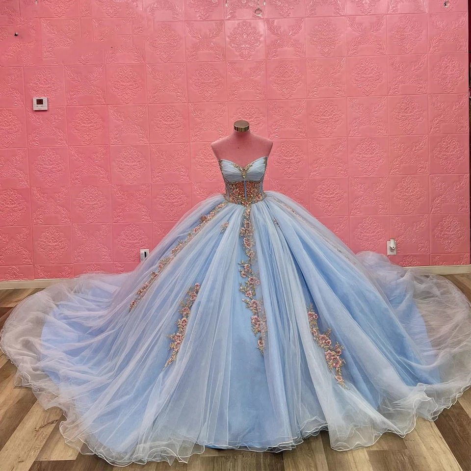 Angelsbridep Princess Mexican Quinceanera Dress Aplikácie korálky krištáľové narodeniny sladké 16 plášťov Vestidos de 15 años prispôsobené