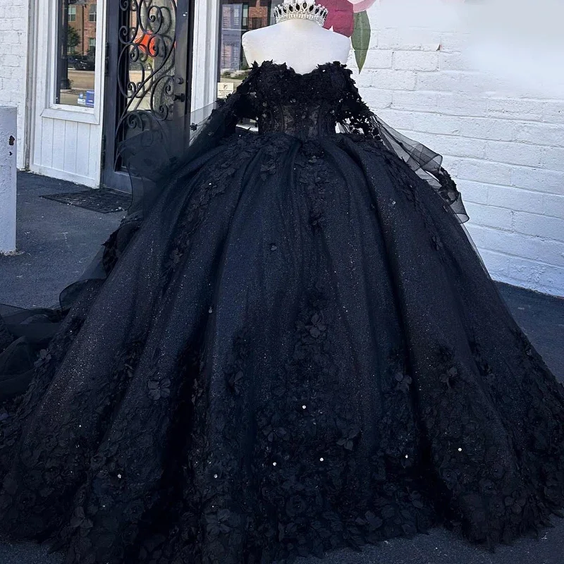 Angelsbridep Prispôsobené čierne guľôčkové šaty 15 -ročné šaty Quinceanera Glitter Tulle 3D Aplikácie sladké 16 večerné párty šaty