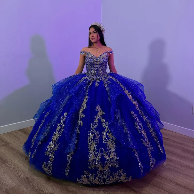 Angelsbridep Royal Blue Ball Gown Lown Quinceanera šaty čipky s čipkami korálky z ramena Vestidos de 15 años prispôsobené