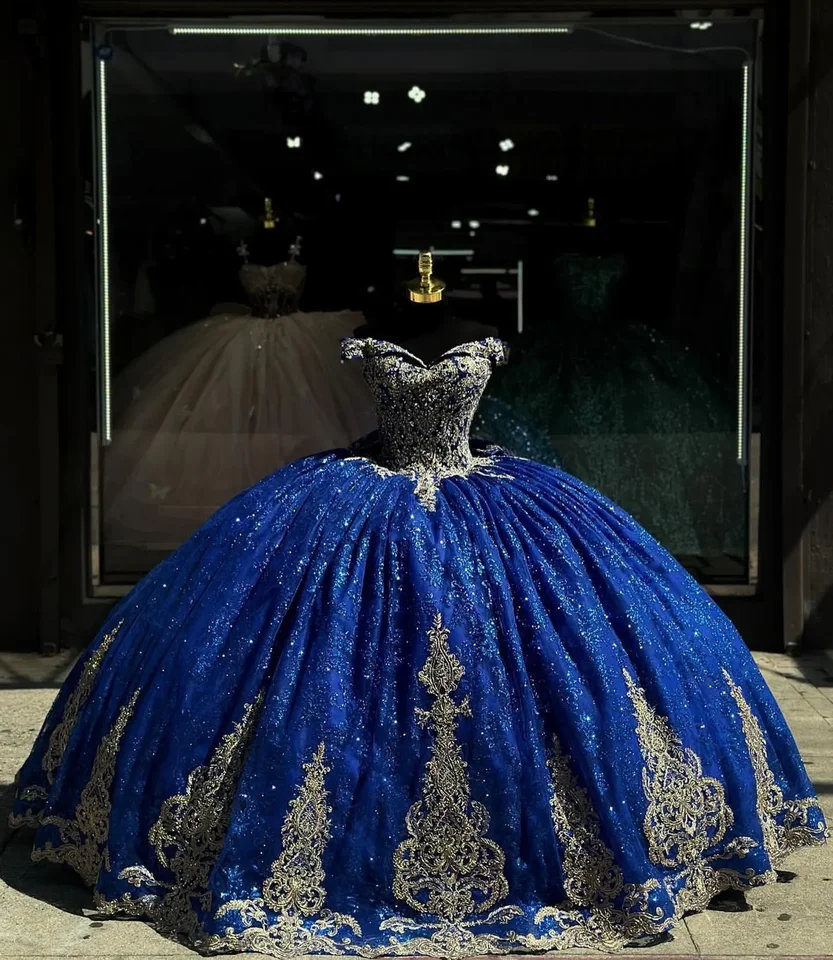 Angelsbridep Royal Blue Princezná šaty prom plesové šaty Vestido de quinceanera zlatý aplikovaný 15 maškarné šaty prispôsobené