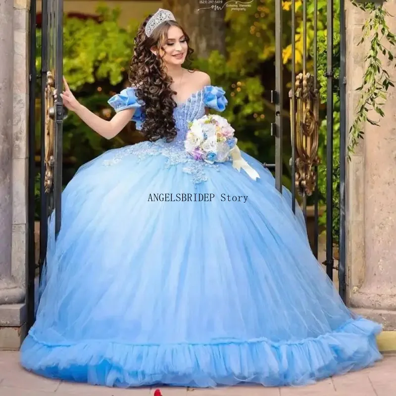 Angelsbridep Sky Blue 2025 Quinceanrea Šaty čipky Aplikácie XV Popoluška sladké 16 obliekania Vestido de 15 Quinceañeras Prispôsobené