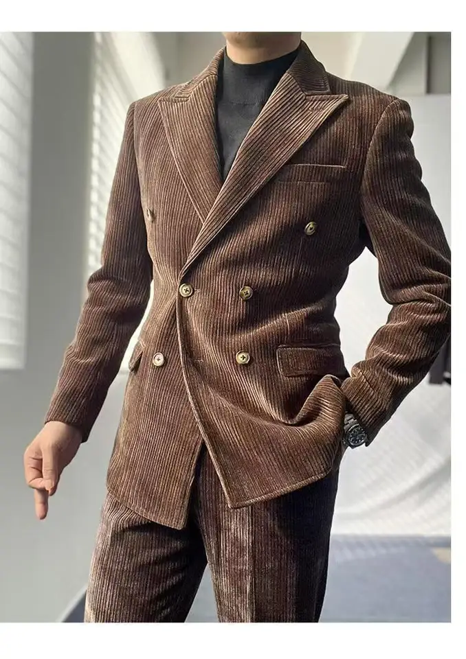 Anglicko Mens Mens Corduroy obleky s dvojitým dojčeným vrcholom a neapolom nohavičkami dvojdielne set Vintage Business Last Outfits