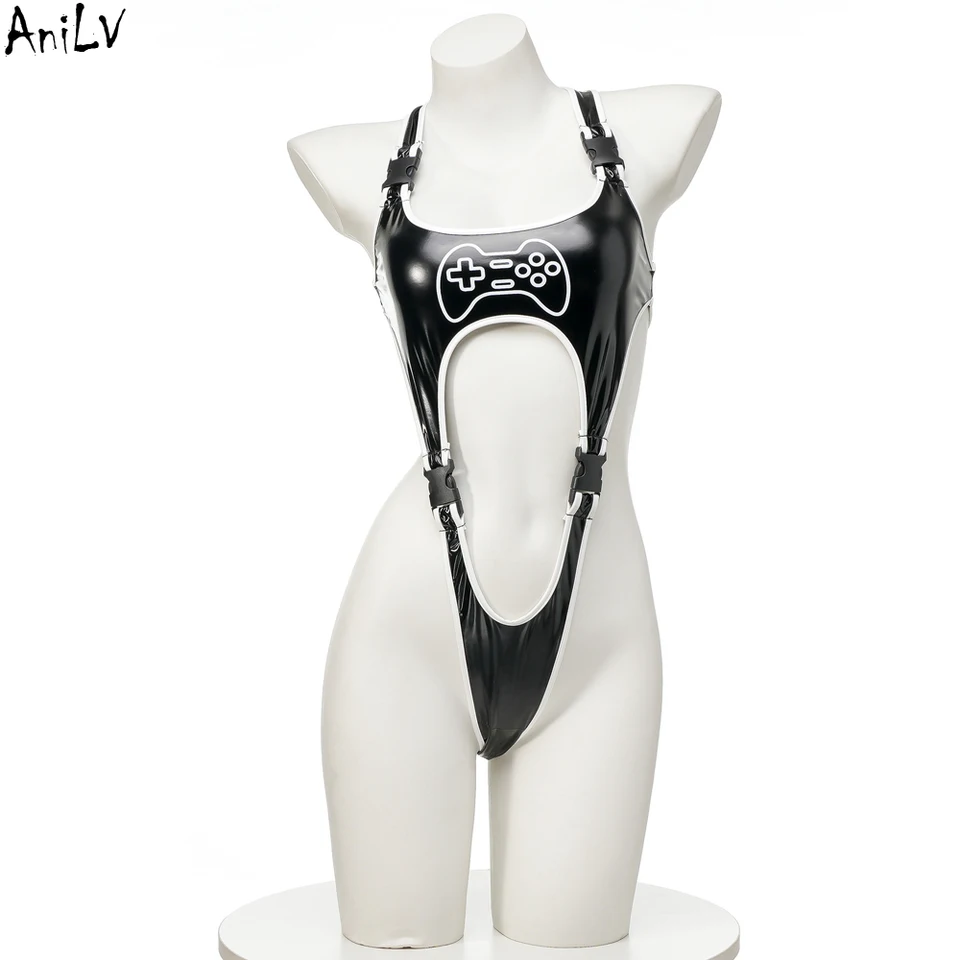 ANILV Anime Cartoon Game Controller High Leg Bodysuit Cosplay Women Dámska kožená koža Cyberpunk plavky pyžamy pyžamy oblečené kostýmy