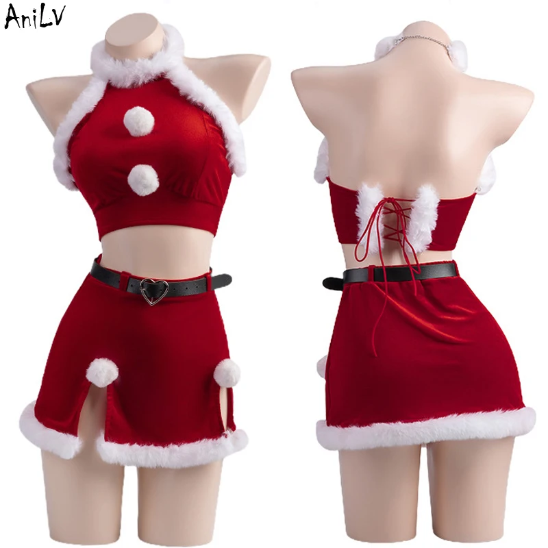 Anilv Snow Dámske vianočné uniforma Furry Hairball Top sukňa milostný opasok oblečenie Santa Claus Cosplay kostýmy