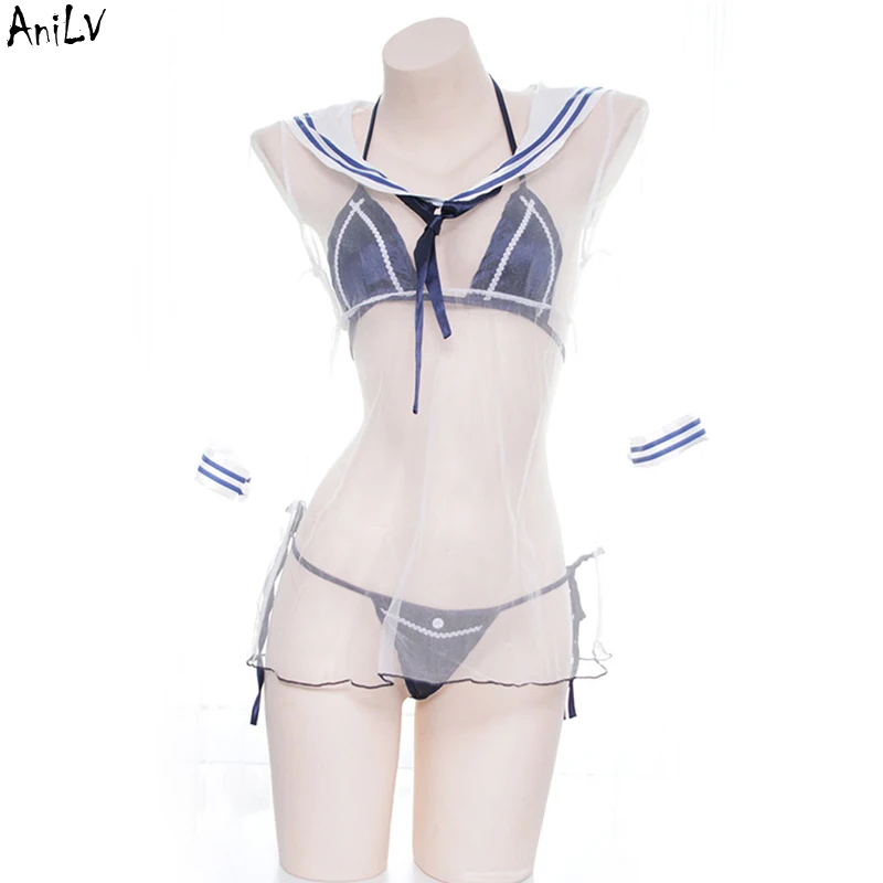 ANILV Summer Beach Girl Sailor Bikini Plavky kostým anime komiks Navy Trojdielne plavky uniforma set bazén Party cosplay
