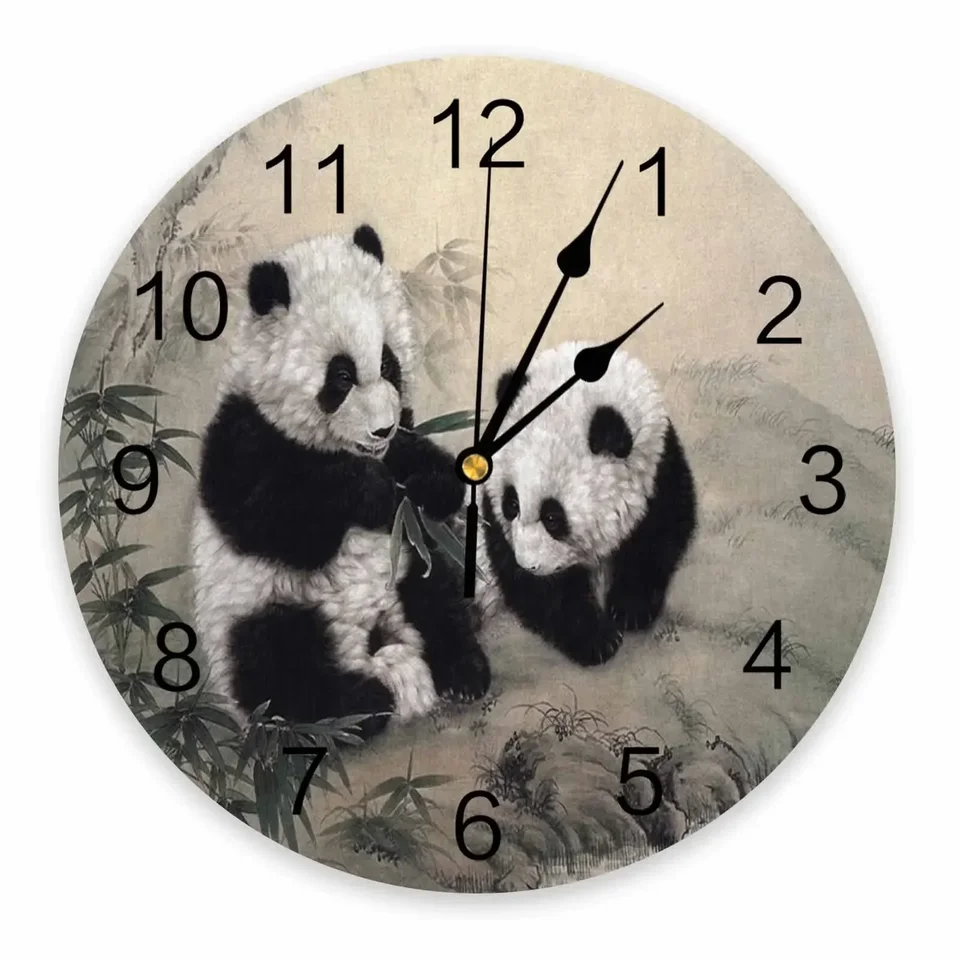 Animal Panda bambus atrament maľba dekoratívne okrúhle nástenné hodiny Vlastný dizajn nelievanie tichých spální veľké nástenné hodiny