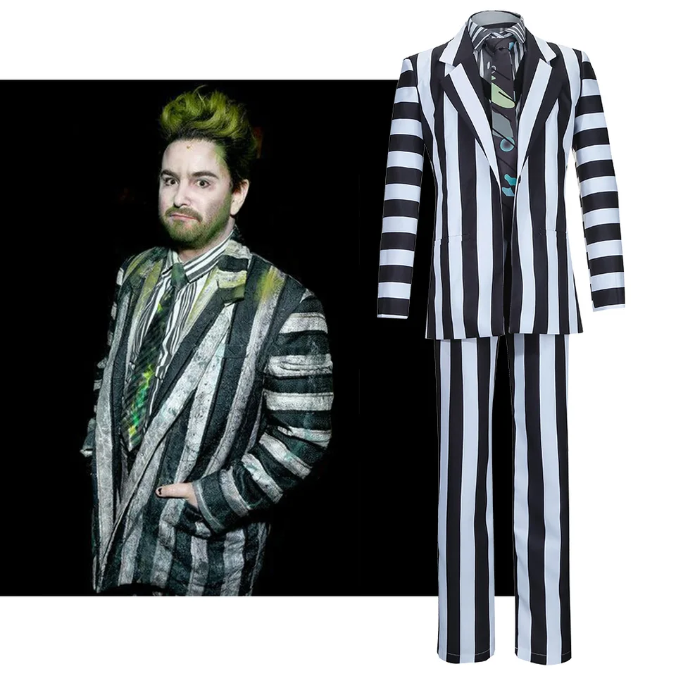 Anime Adam Cosplay kostým čierny a biely pruhovaný oblek košele košele nohavice Halloween Party Outfits pre dospelých mužov