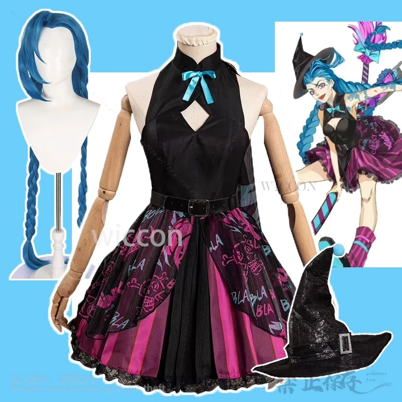 Anime Arcane 2 Game lol cosplay jinx kostým čarodejnícky šaty bez rukávov lolita klobúk parochňa wig womany sexy karnevalová párty obleky prispôsobené