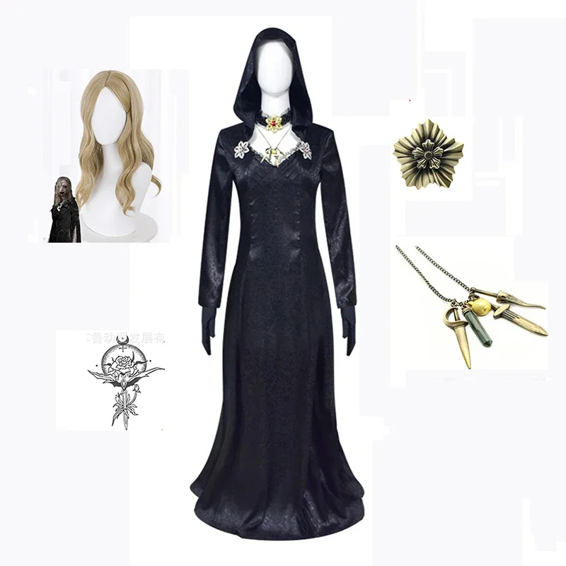 Anime bela cassandra daniela cosplay kostýmy hra biohazard lady Dimitrescu madam šaty upírový náhrdelník tetovanie brošňa halloween