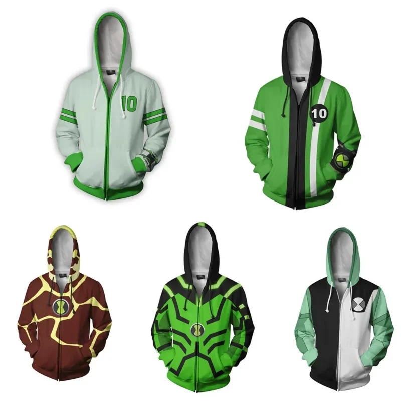 Anime Ben Tennyson Cosplay Clothing Ben10 3D tlačené s kapucňou Mikina neformálne zips Pullover Top Coat Mn7