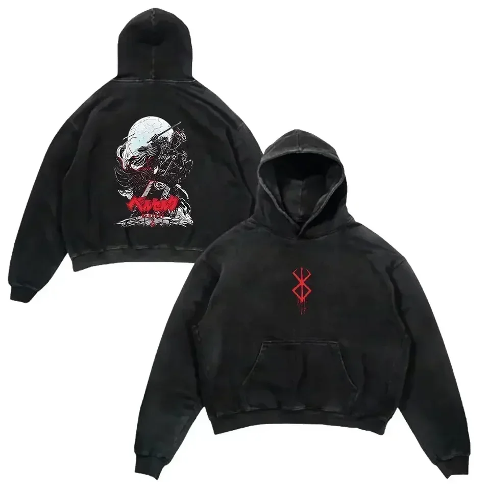 Anime Berserk Retro umyté mikiny Čierne vnútornosti tlač Vintage 100_ bavlnené mikiny s kapucňou nadmerne veľké hip hop mužský pullover