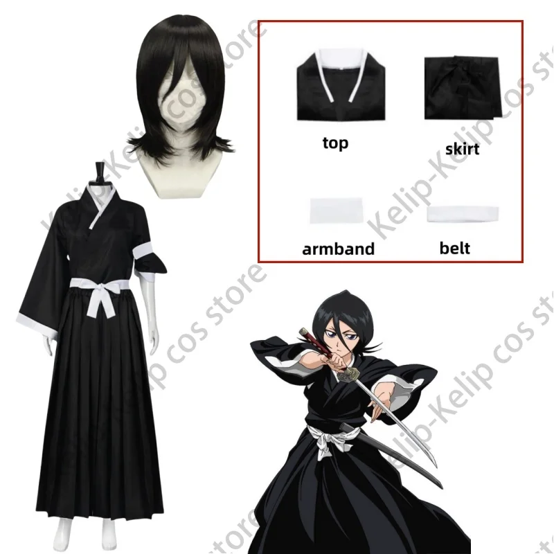 Anime Bleach Kuchiki Rukia Cosplay kostým Sode no Shirayuki parochňa japonský čierny kimono kendo uniforma dospelých žena Halloween oblek Halloween