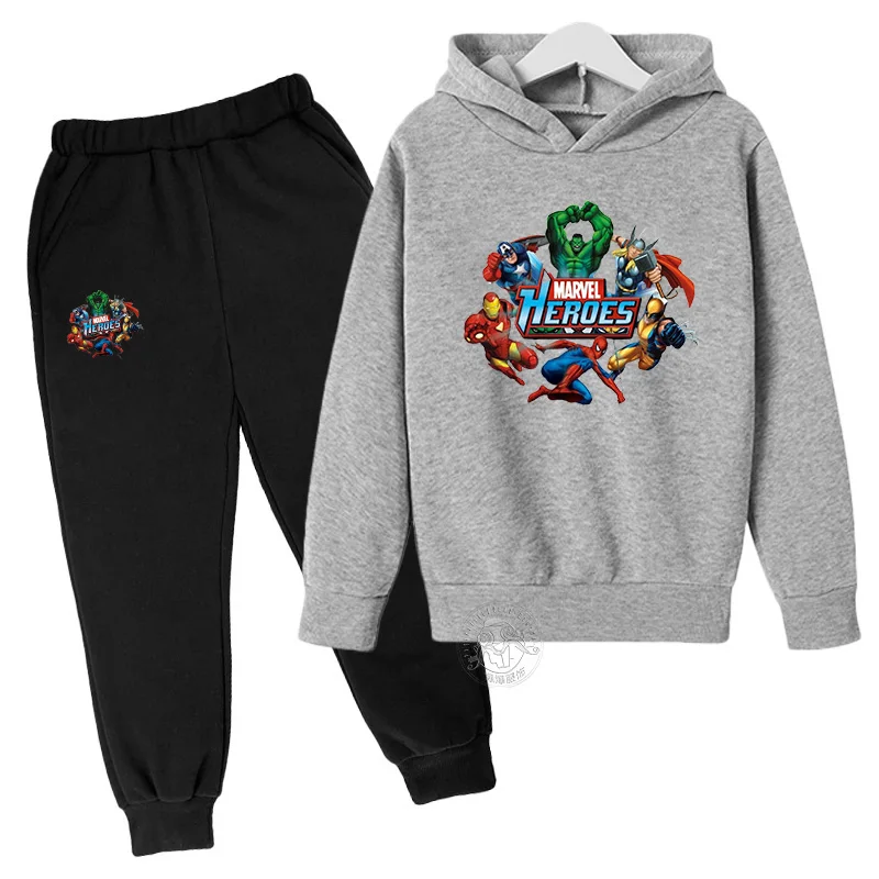 Anime Cartoon Marvel - Super Hero tlačená detská kapucňa+nohavice nastavené pre chlapcov a dievčatá jeseň/zimná fleecová tepla 2 -dielna sada