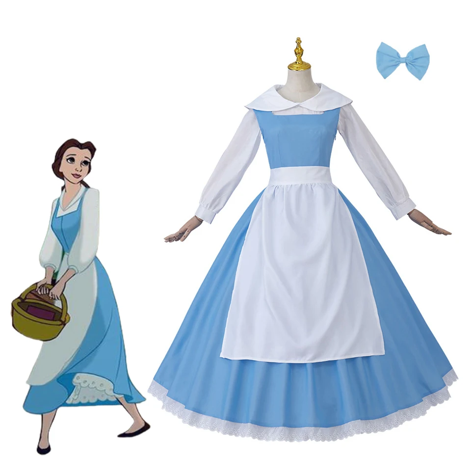Anime cosplay princezná kostým Belle Blue Maid Dress pre dospelých žien Village Party Outfits Halloween Carnival Ball Gown s lukom