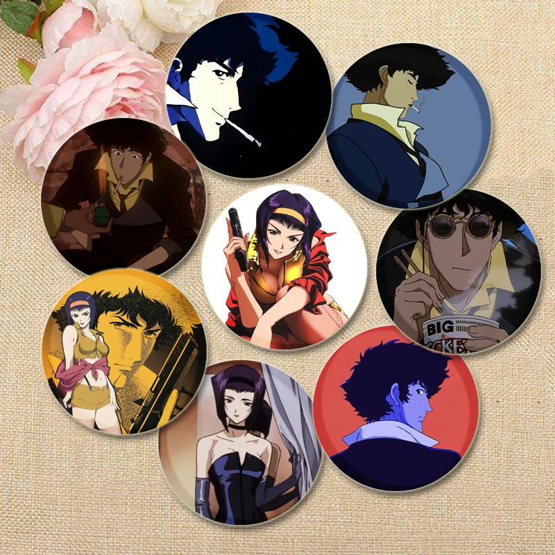 Anime Cowboy Bebop Pins, Faye Valentine Spike Spiegel Cartoon Badge, Tinplate Brošes pre prsia pre darčekové príslušenstvo pre batoh