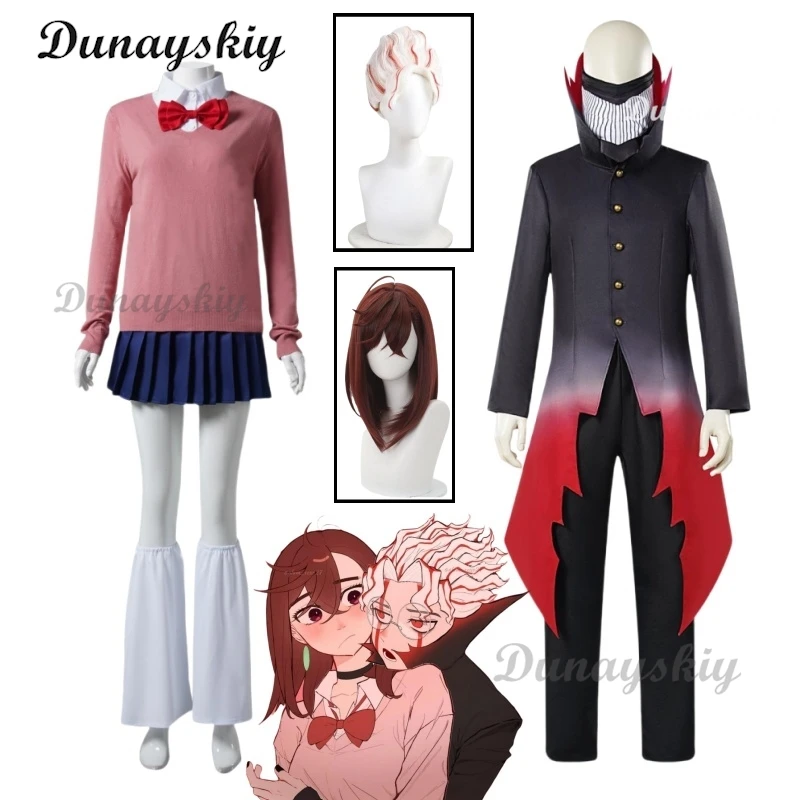 Anime dandadan Momo Ayase Ken Takakura Cosplay kostým ružový sveter červený luk Navy sukňa biele košeľa škola uniforma